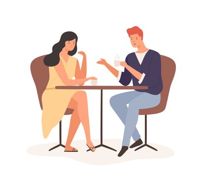 Cartoon couple enjoy romantic date drink coffee together vector flat illustration