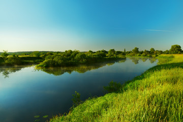 Fototapeta na wymiar River with green banks in springtime.