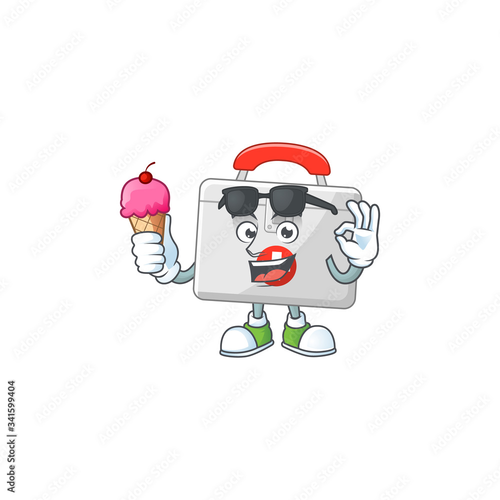 Sticker cute first aid kit cartoon character enjoying an ice cream