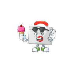 Cute first aid kit cartoon character enjoying an ice cream