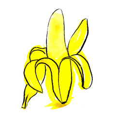 peeled yellow bright banana with pulp and slices in watercolor