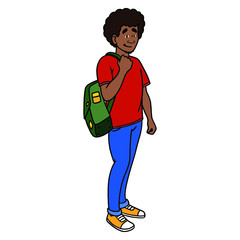 Adolescent schoolboy with brown skin and afro hairstyle holds his school bag around his shoulder and laughs. cool, school, waiting, whole body, comic.