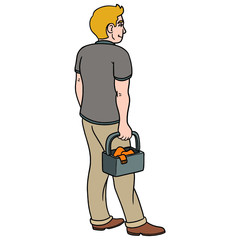 man with shopping basket from behind. rear view, shopping, illustration, cartoon.
