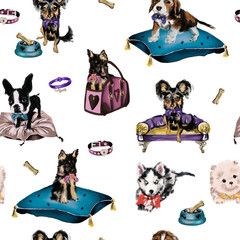 Hand drawn oil painting cute cartoon seamless pattern illustration dog and accessories on the white background for baby textile, cloth, apparel, linen, wallpaper texture. Digital painting.