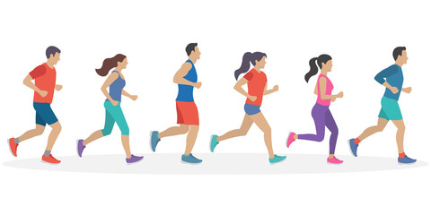 People running. Men and Women jogging. Marathon race concept. Sport and fitness design template with runners and athletes in flat style. Vector illustration.