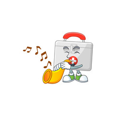 A brilliant musician of first aid kit cartoon character playing a trumpet