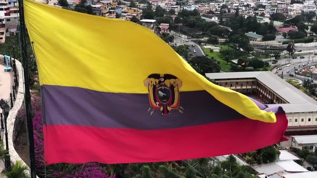 Ecuadorian Flag Waving From The Lighthouse In The Neighborhood Of Las Peñas In Guayaquil. Close Up Shot De La Bandera De Ecuador.