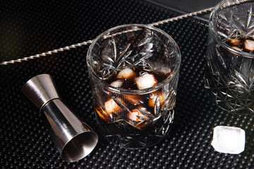 whiskey with ice in a glass