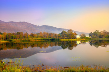 Beautiful landscape  of the scenery with mountain on reservoir in the morning.