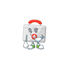First aid kit with waiting gesture cartoon mascot design concept