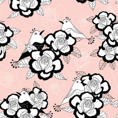 Vintage seamless pattern with black and white roses and birds on pastel pink background