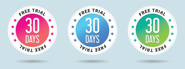 30 Free Trial stamp vector illustration.  Free trial badges. Vector certificate icon. Vector combination for certificate in flat style. Set of 3 beautiful color gradients.