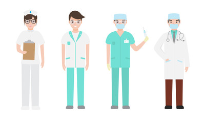 Set of different male doctors and nurses in medical attire engaged in their work. Vector illustration in flat cartoon style