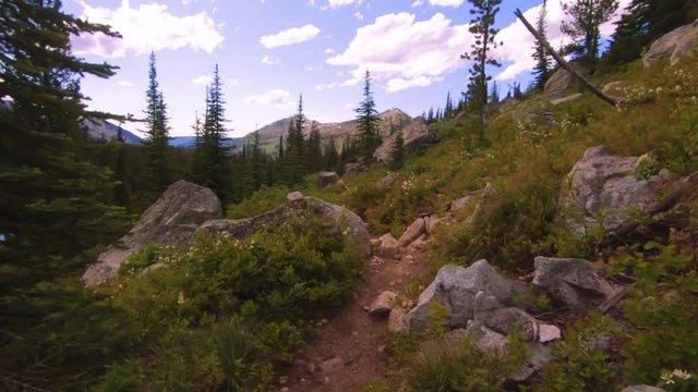 a slow motion shot walking down a mountain trail