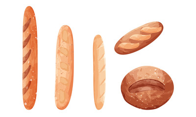 Set of different types of baked goods with different types of bread sweet buns. Vector illustration in flat cartoon style