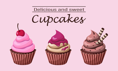 Delicious and sweet cupcakes. Vector illustration for the menu in the cafe. Bakery. Dessert. Cupcake with cream and cherry.