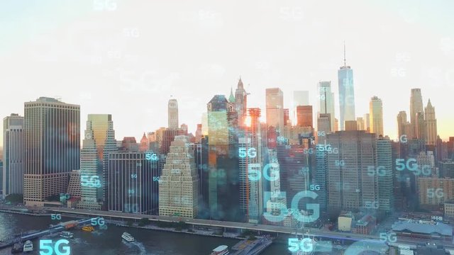 5G Connection on Manhattan Skyline - 3d motion graphics animation - wireless network on New York city background