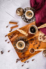 Arabic style coffee table with coffee cups, pot and beans