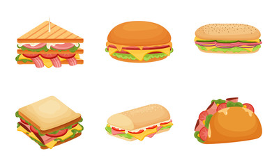 Set of delicious juicy sandwiches filled with vegetables, cheese, meat, bacon. Vector illustration in flat cartoon style