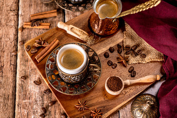 Coffee concept photography on a natural wood background