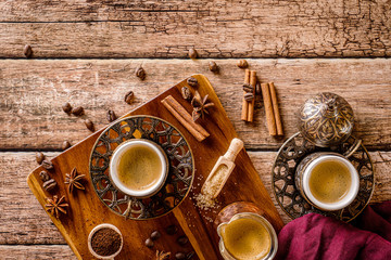 Coffee and spices turkish tradition on a wood background