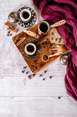 Assorted turkish coffees  arabic traditional coffee table setup
