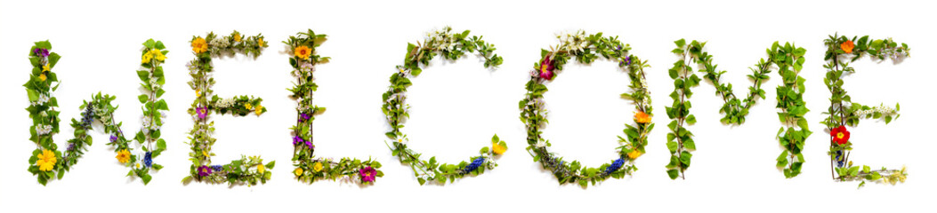 Flower, Branches And Blossom Letter Building English Word Welcome. White Isolated Background