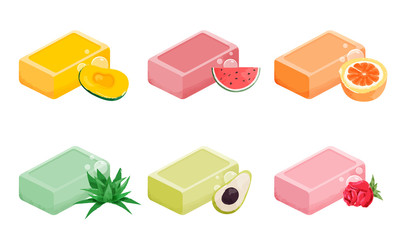 Set of different types of solid soap with watermelon, avocado, rose, mango, orange, aloe. Vector illustration in flat cartoon style