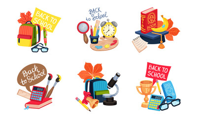 Compositions of School Supplies with School Bag and Calculator Vector Set