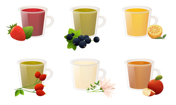 Set of different natural fruit drinks in glasses with strawberry, blueberries, lemon, jasmine, apple, rosehip. Vector illustration in flat cartoon style