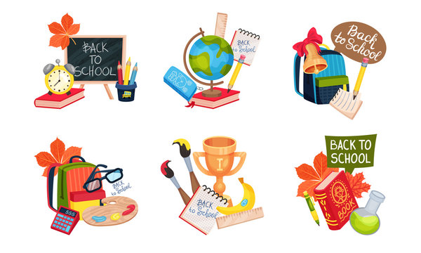 Compositions of School Supplies with School Bag and Globe Vector Set
