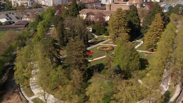 Aerial overview of Tulip Festival in Parc de l'Ind&eacute;pendance, Morges, Switzerland