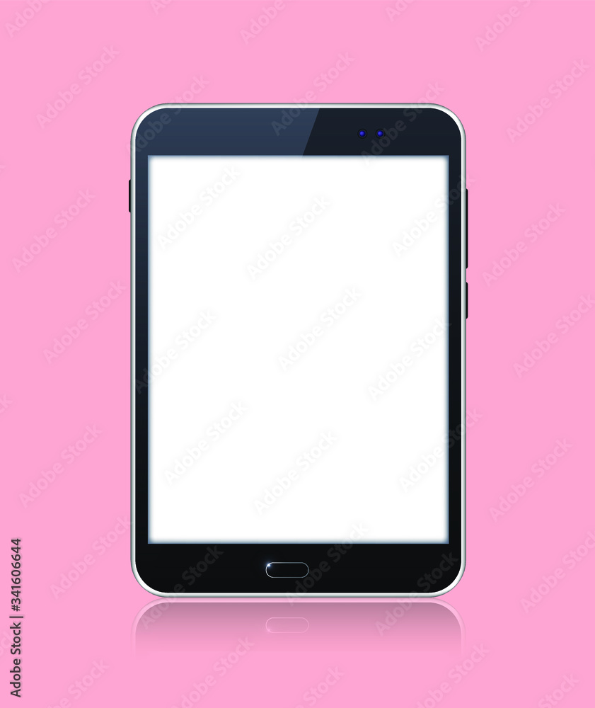 Poster Realistic Black Color Mockup of a Table with Blank Touch Screen on Coloured Background . Isolated Vector Elements