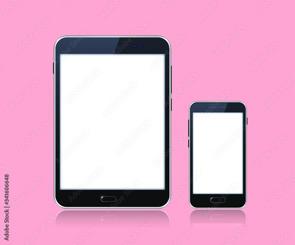 Poster realistic black color mockup of a table with blank touch screen on coloured background . isolated ve