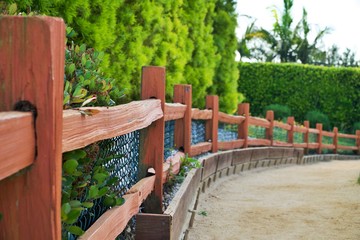 Fototapeta premium Wooden fence along pathway. Outdoor walk in a countryside. Horizontal rural landscape. Green bushes and sandy soil. Nobody outside.