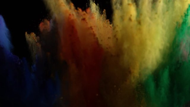 In real slow motion footage against a black background, blue, yellow, orange and green powder bursts haphazardly into frame and combines in the air. Side Shot.