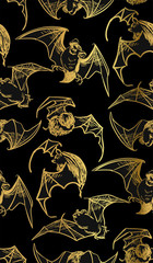bat seamless pattern japanese chinese oriental vector ink style design elements illustration gold black