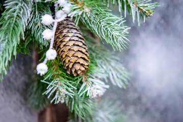 Natural Christmas New Year's toy pine cone and Christmas tree branch close-up