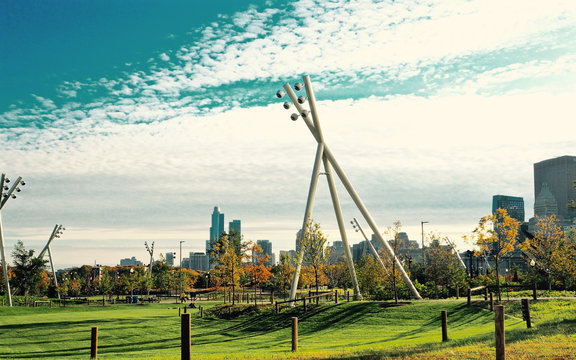 View of Chicago skyline from Maggie Daley Park.