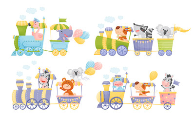 Jungle Animals Holding Party Balloons Riding Locomotive Vector Set