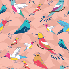 Seamless pattern with colorful abstract birds on pink background with silhouettes