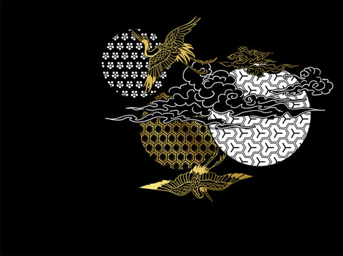crane bird circles clouds japanese chinese vector design pattern card black gold
