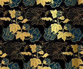japanese chinese design sketch ink paint style seamless pattern chrysanthemums black gold blue
