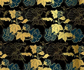 Behang Zwart goud japans chinees ontwerp schets inkt verf stijl naadloos patroon chrysanten zwart goud blauw