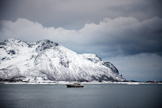 Fishing ship on the way from Reine to the ocean. Traditional cod fish season lasts during winter period. Located in beautiful lofoten islands archipelago. Fish industry behind the arctic circle.