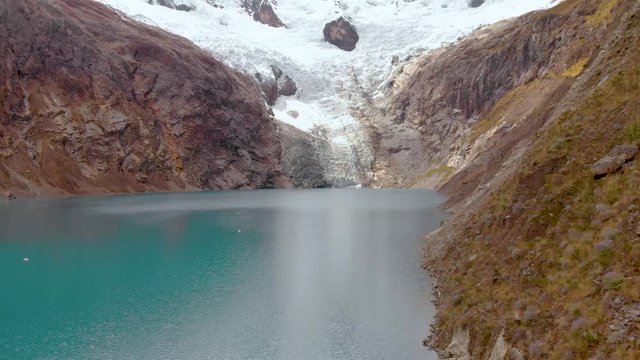 Arhuaycocha lake, in the santa cruz treking, peruvian andes, frontal fly.