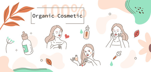Beauty Girl Take Care of her Face and Use Cosmetic Serum Oil. Woman Applying Organic Serum on Facial Skin, on Hairs and Body. Skin Care Routine. Flat Vector Illustration and Icons set.