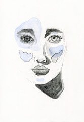 original drawing of abstract graphite face with blue details on white background 