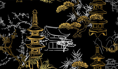 Fototapeta na wymiar toro stone lighting vector sketch illustration line art japanese chinese oriental design gold black