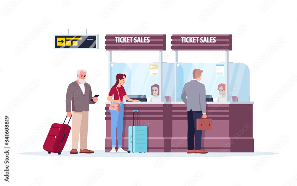 Poster ticket sales counter semi flat rgb color vector illustration. airport terminal sell boarding passes.